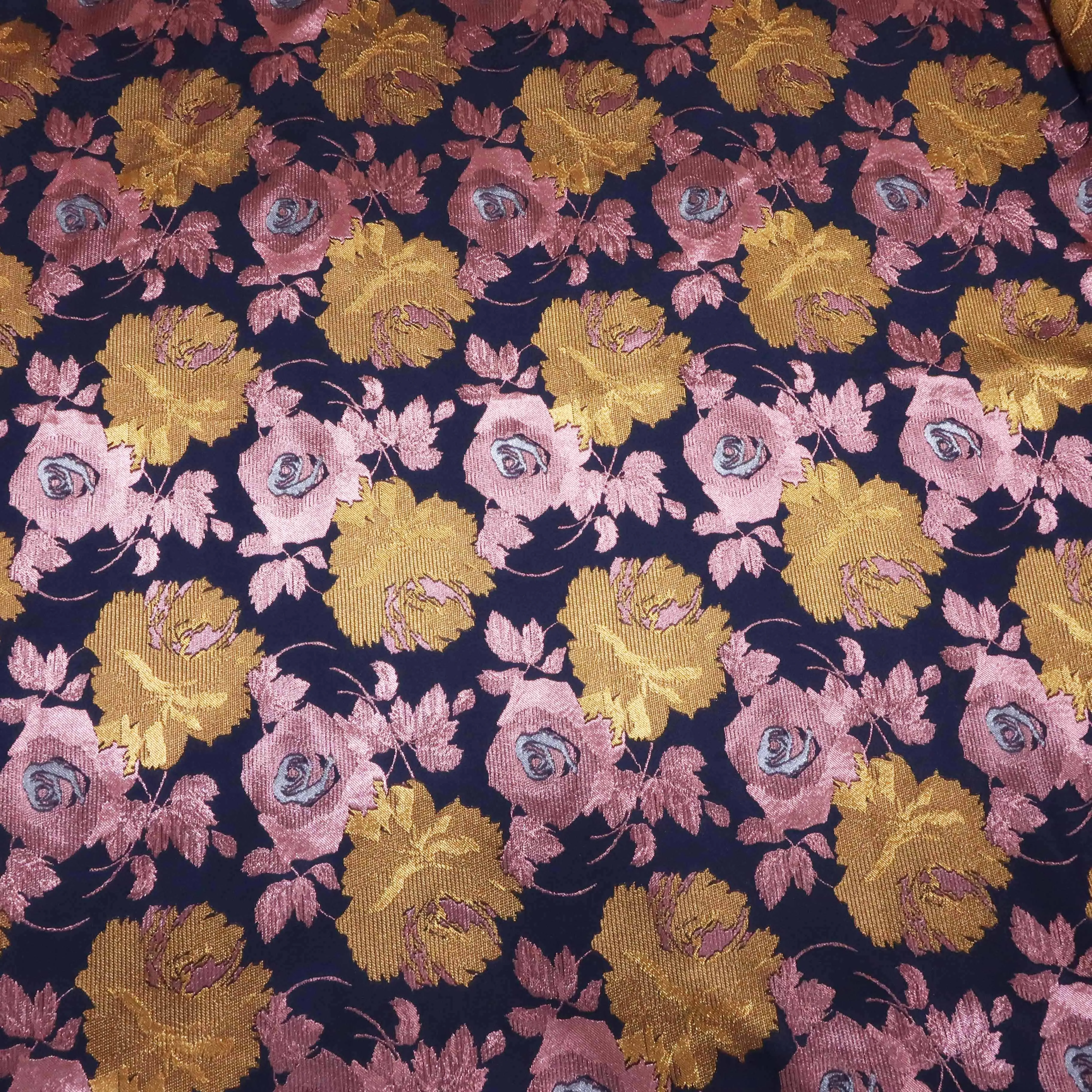 Rose Gold and Bronze Floral on a Navy Background Brocade Fabric