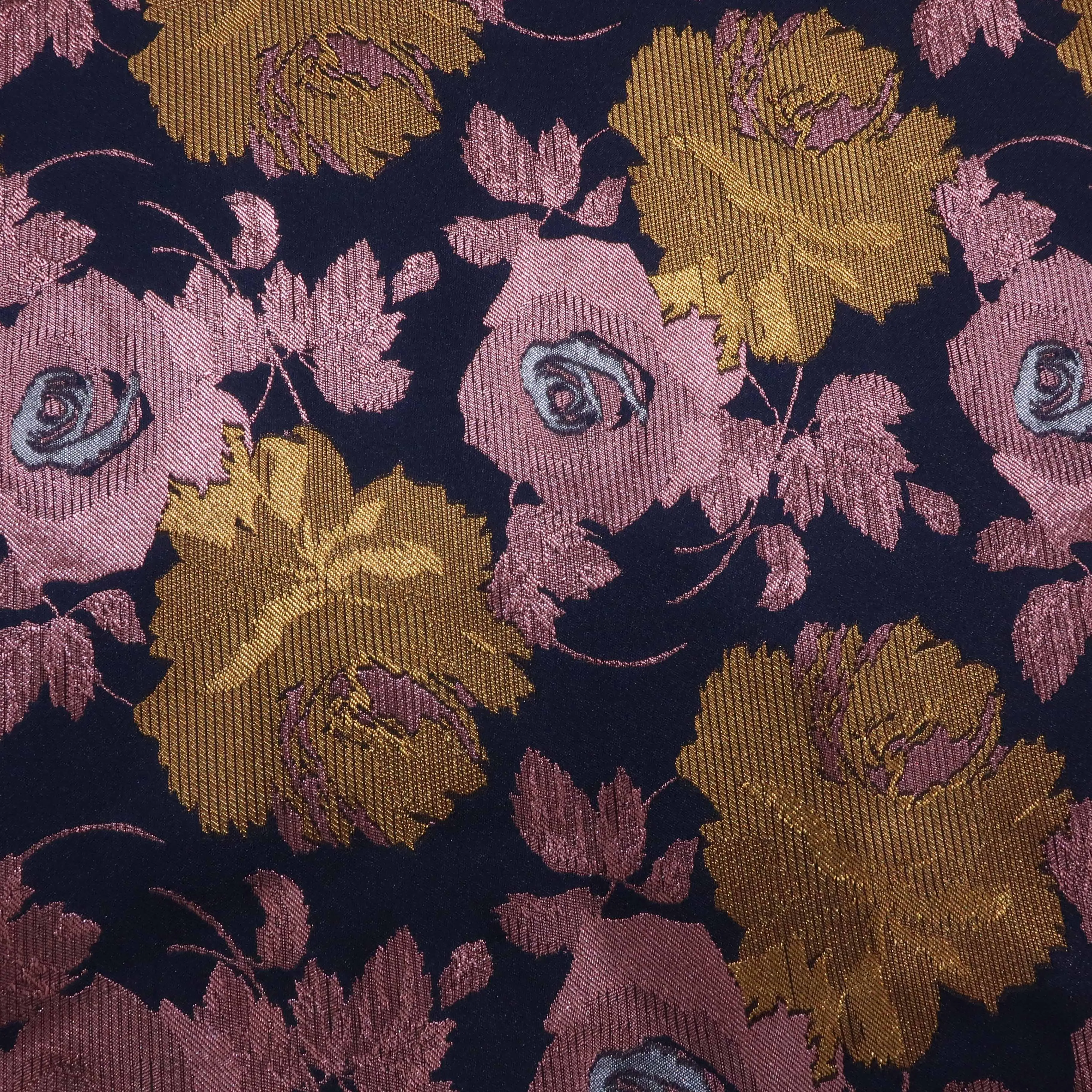 Rose Gold and Bronze Floral on a Navy Background Brocade Fabric