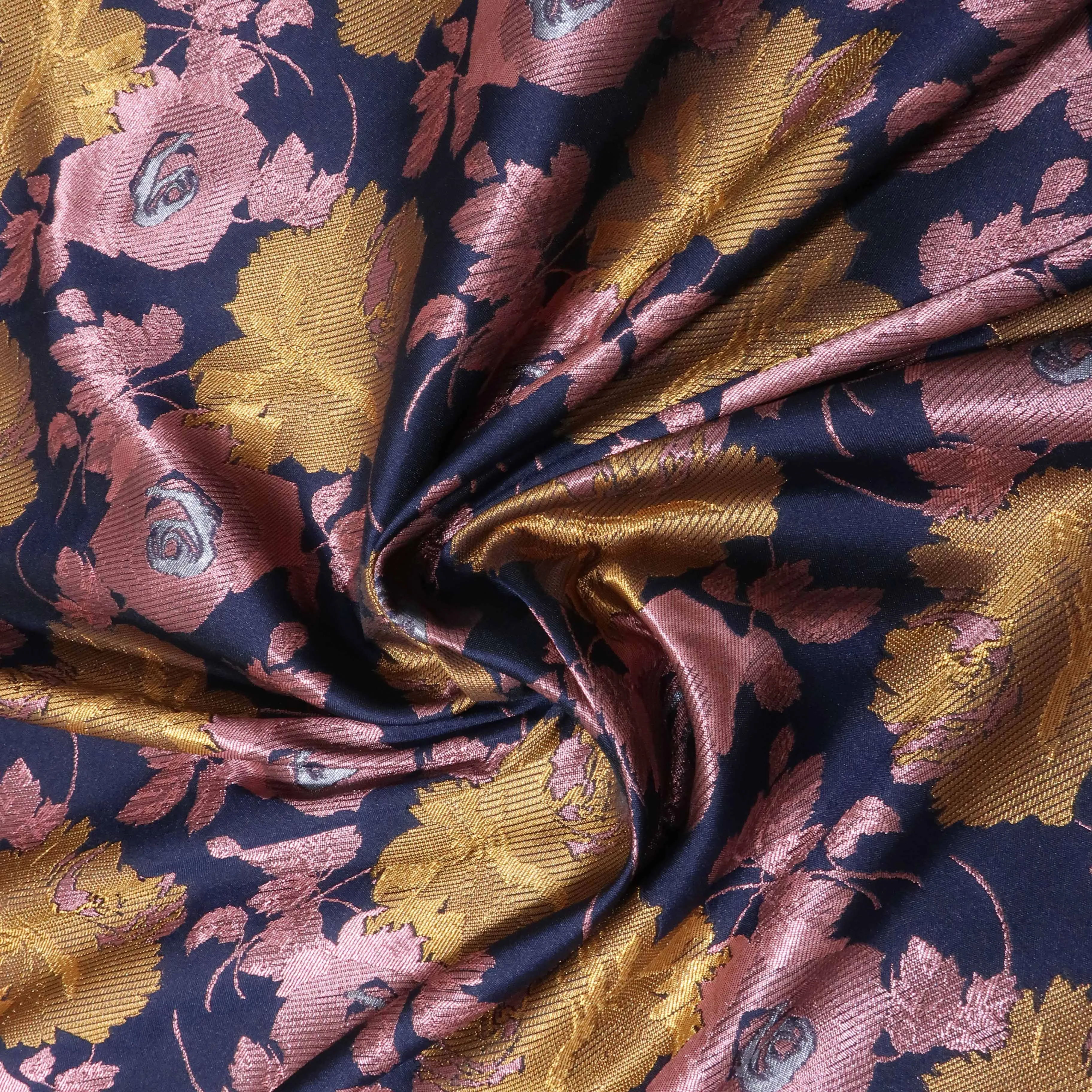 Rose Gold and Bronze Floral on a Navy Background Brocade Fabric