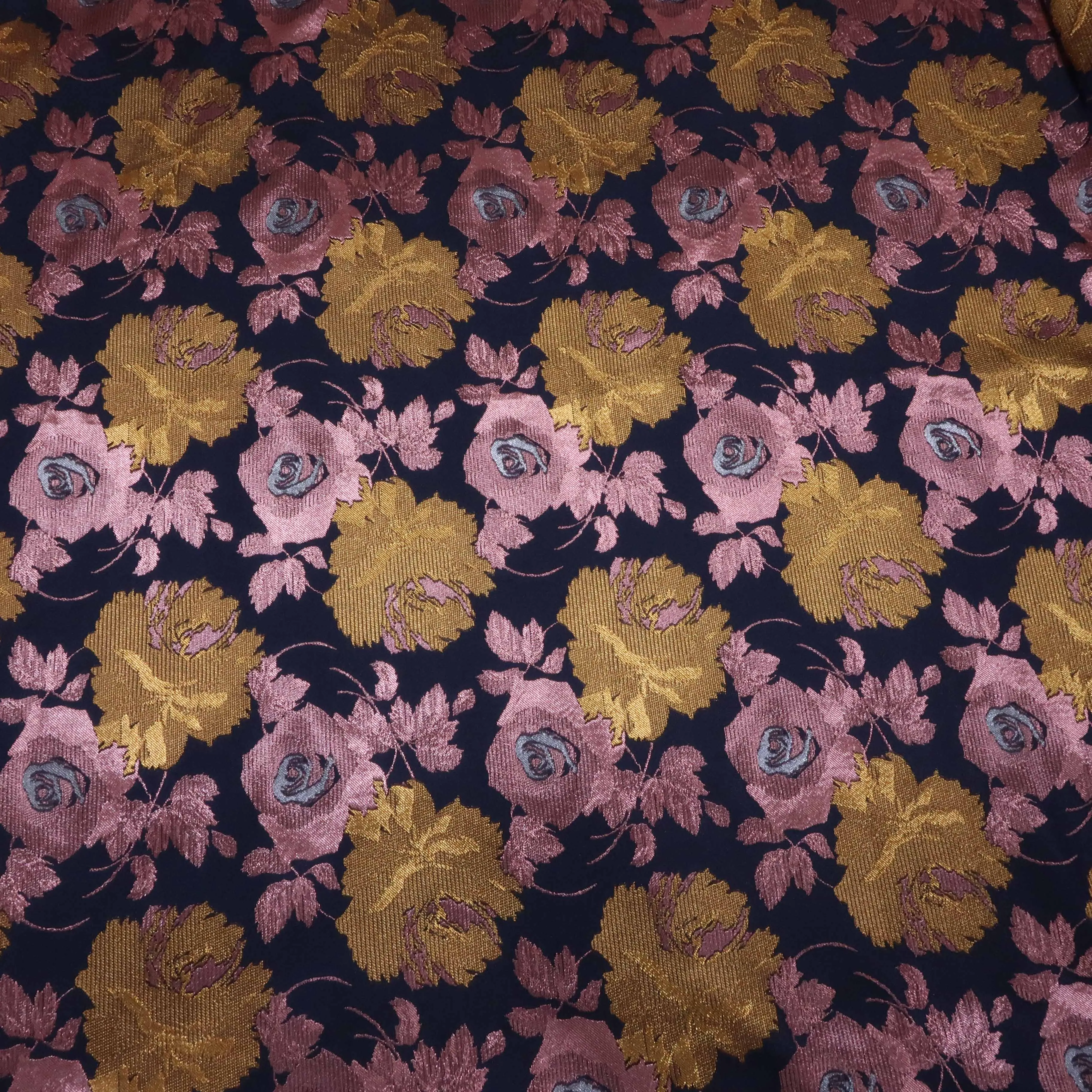 Rose Gold and Bronze Floral on a Navy Background Brocade Fabric