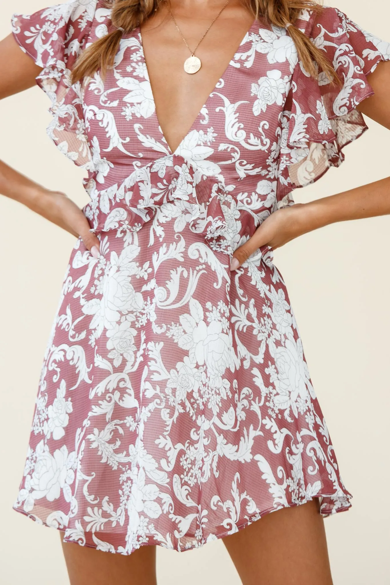 Say That Again Ruffle Shoulder Dress Ornate Floral Print Maroon