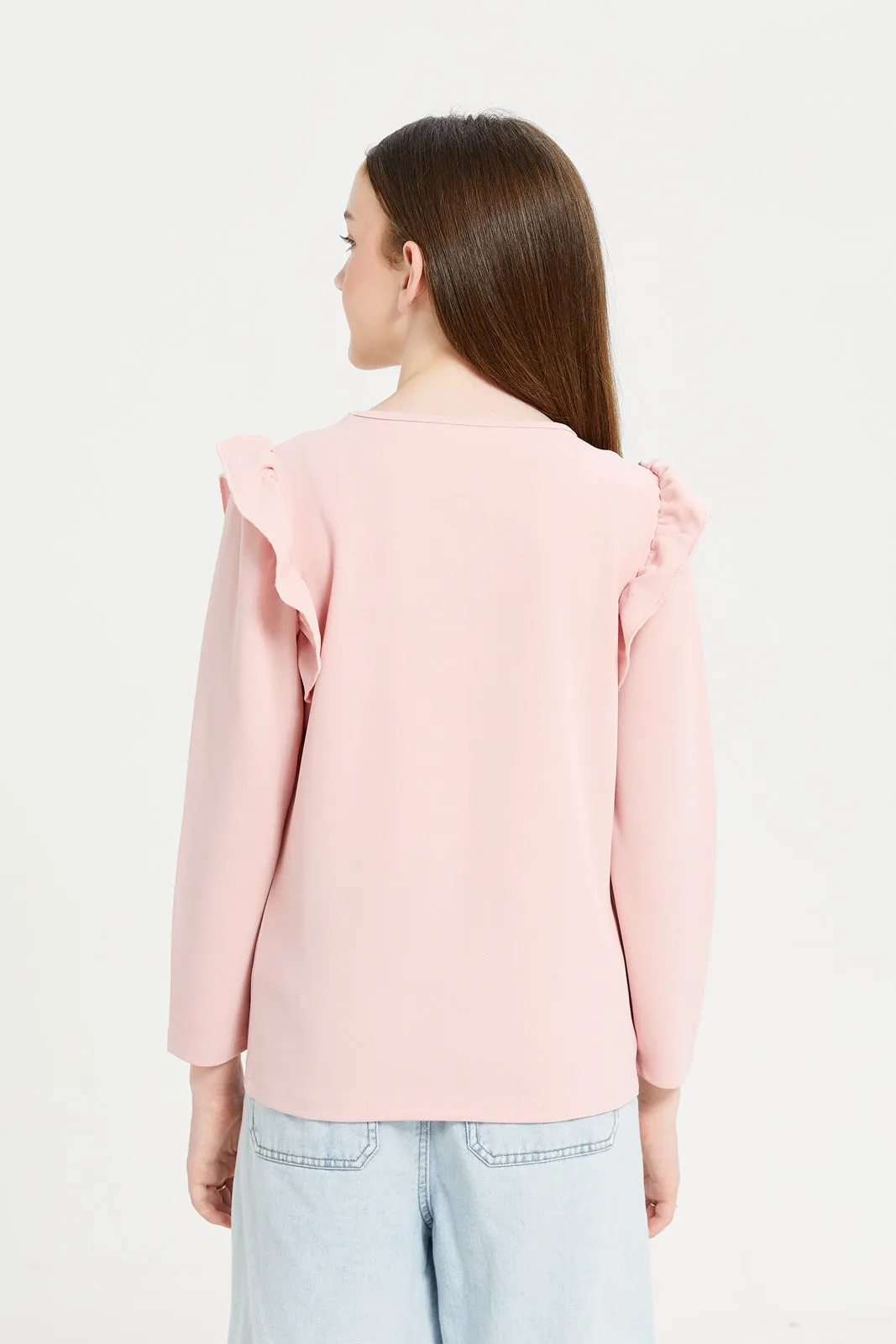 Senior Girls Pink Ruffled Sleeve Top