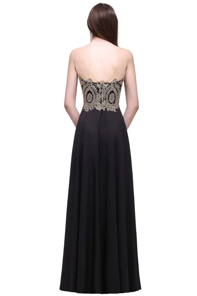 Sheath Scoop Floor-Length Applique Sleeveless Long Black Prom Dresses