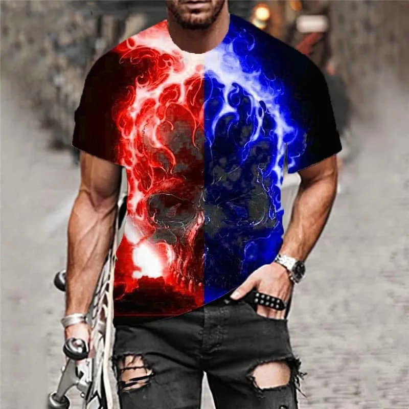 Skull T shirt Men Flame Anime Clothes Colorful Tshirt Printed Short Sleeve