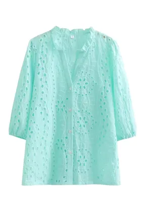 'Sonya' V-Neck Embroidery Shirt (2 Colors)