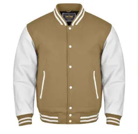 Spine Spark Camel Brown Wool Varsity Jacket White Leather Sleeves