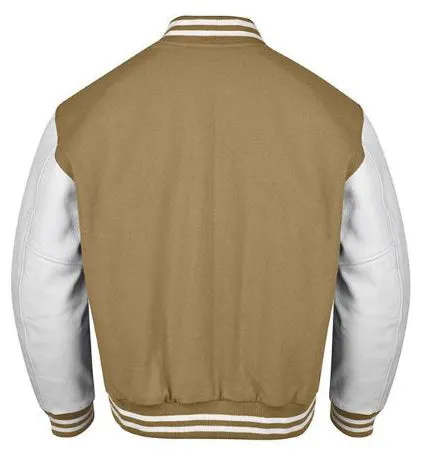 Spine Spark Camel Brown Wool Varsity Jacket White Leather Sleeves