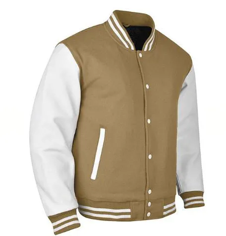 Spine Spark Camel Brown Wool Varsity Jacket White Leather Sleeves
