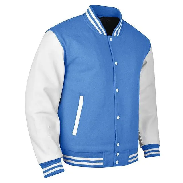 Spine Spark Sky Blue Wool Varsity Jacket White Leather Sleeves