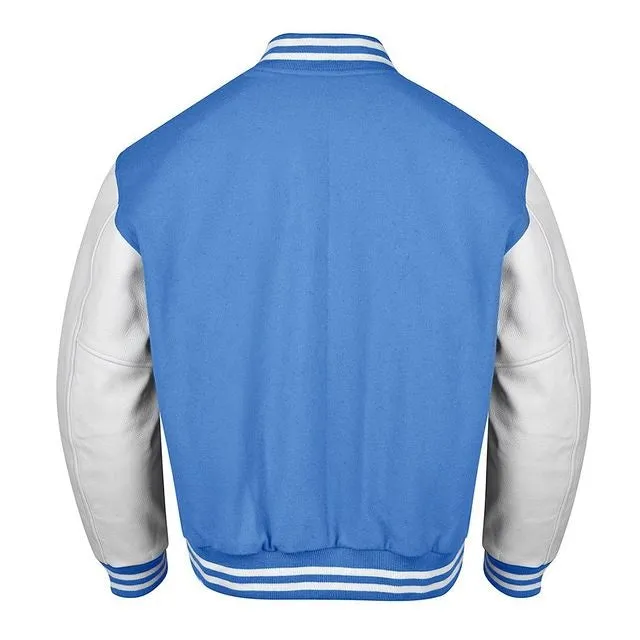 Spine Spark Sky Blue Wool Varsity Jacket White Leather Sleeves