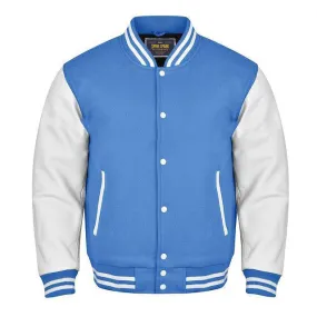 Spine Spark Sky Blue Wool Varsity Jacket White Leather Sleeves