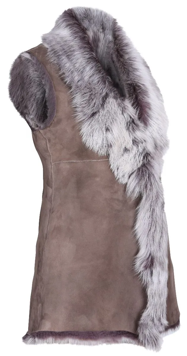 Taupe Ladies Women's Soft Real Toscana Sheepskin Leather Gilet Waistcoat