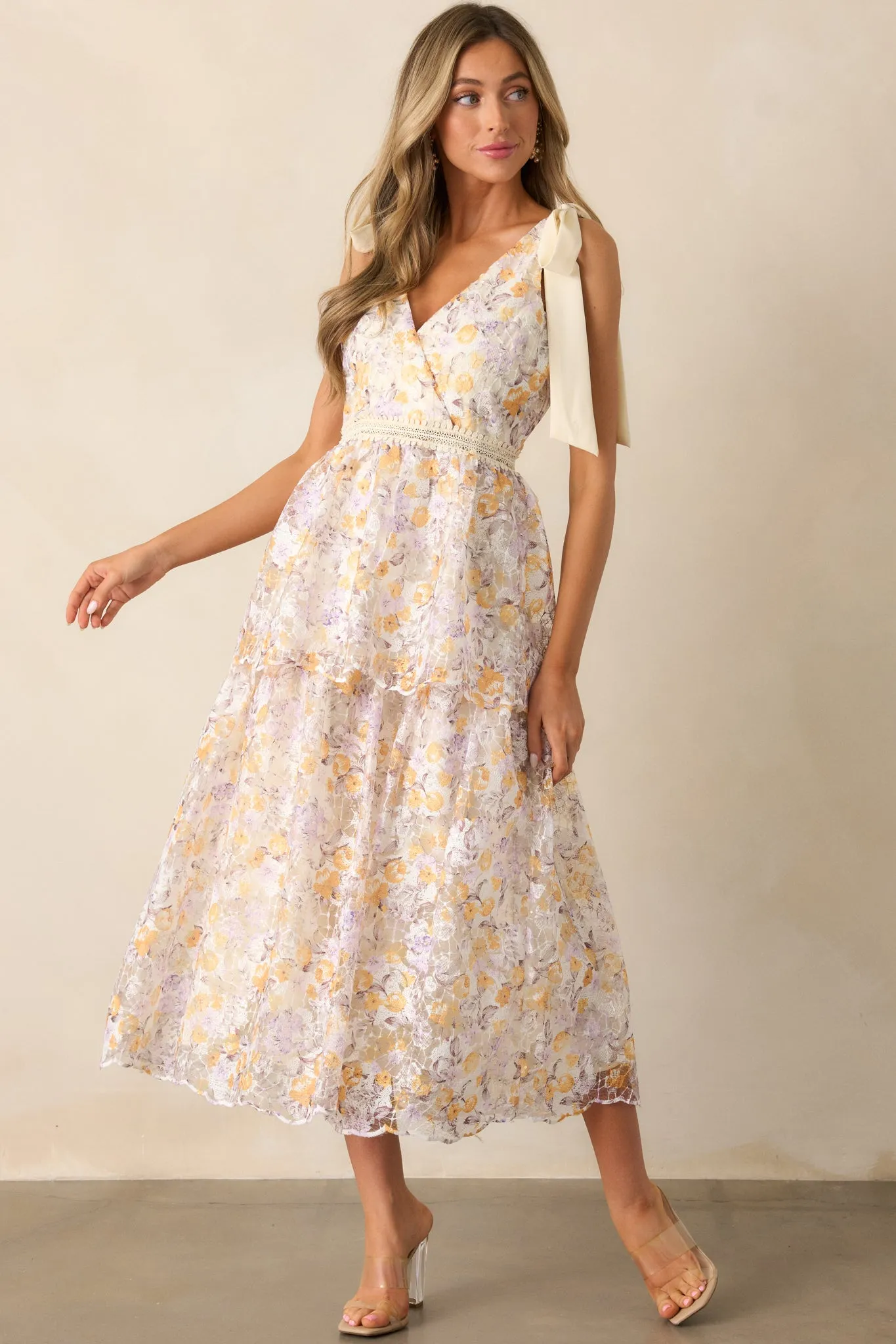 Time For Tea Apricot Floral Midi Dress