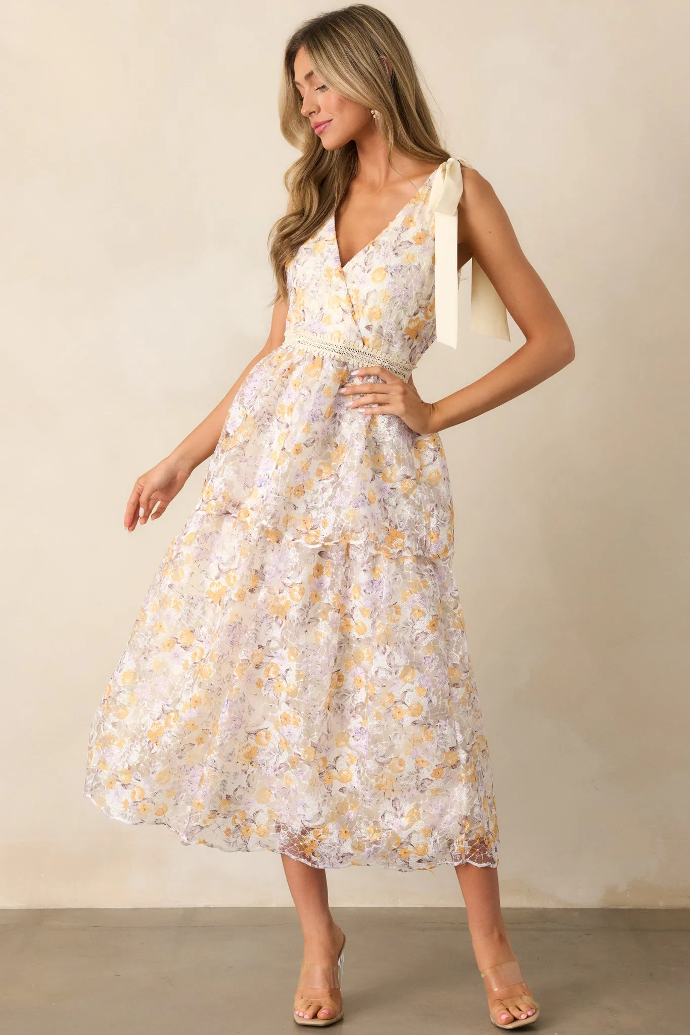 Time For Tea Apricot Floral Midi Dress