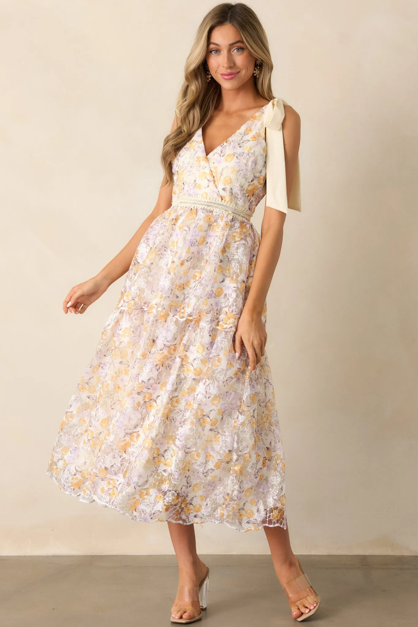 Time For Tea Apricot Floral Midi Dress
