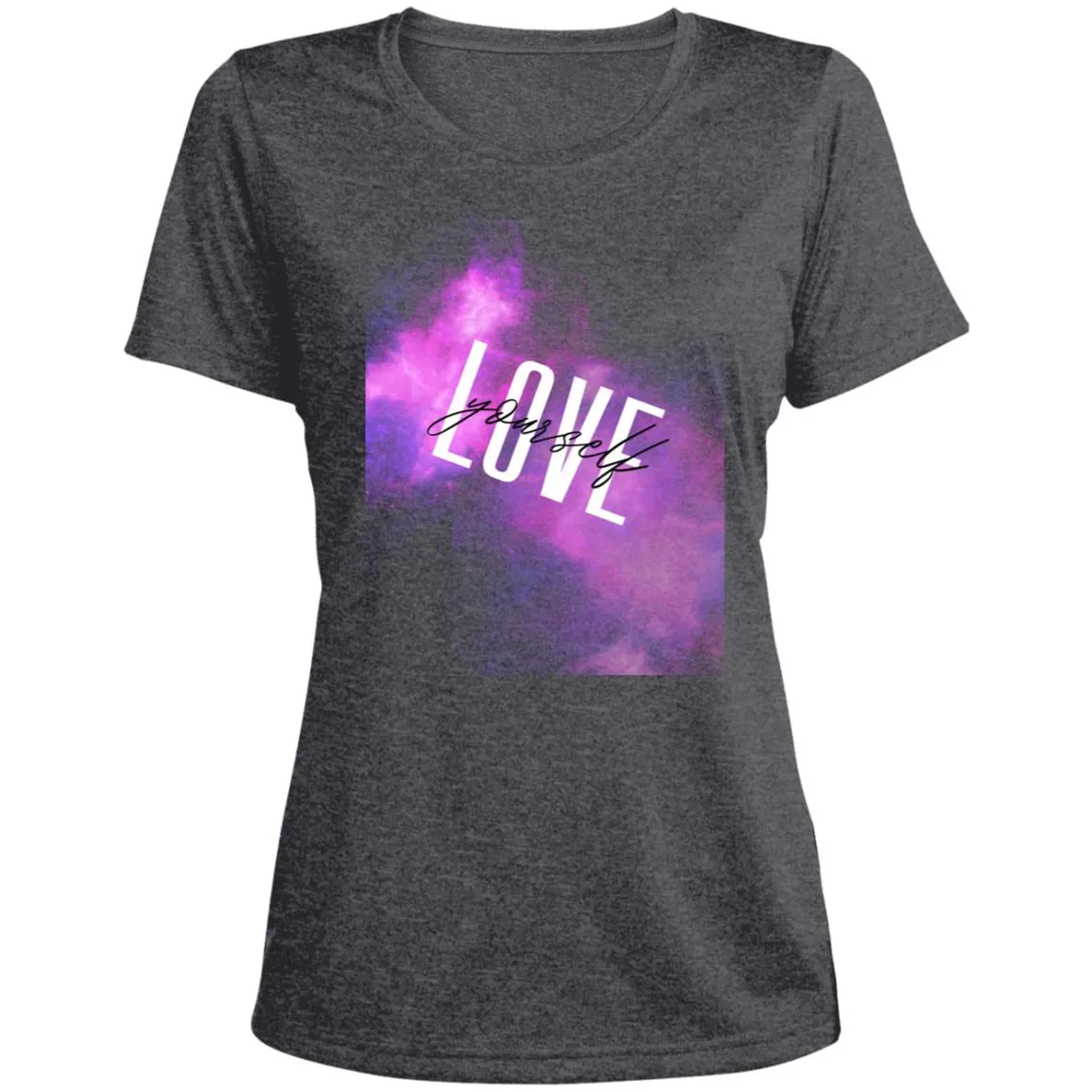 White Love yourself LST360 Ladies' Heather Scoop Neck Performance Tee