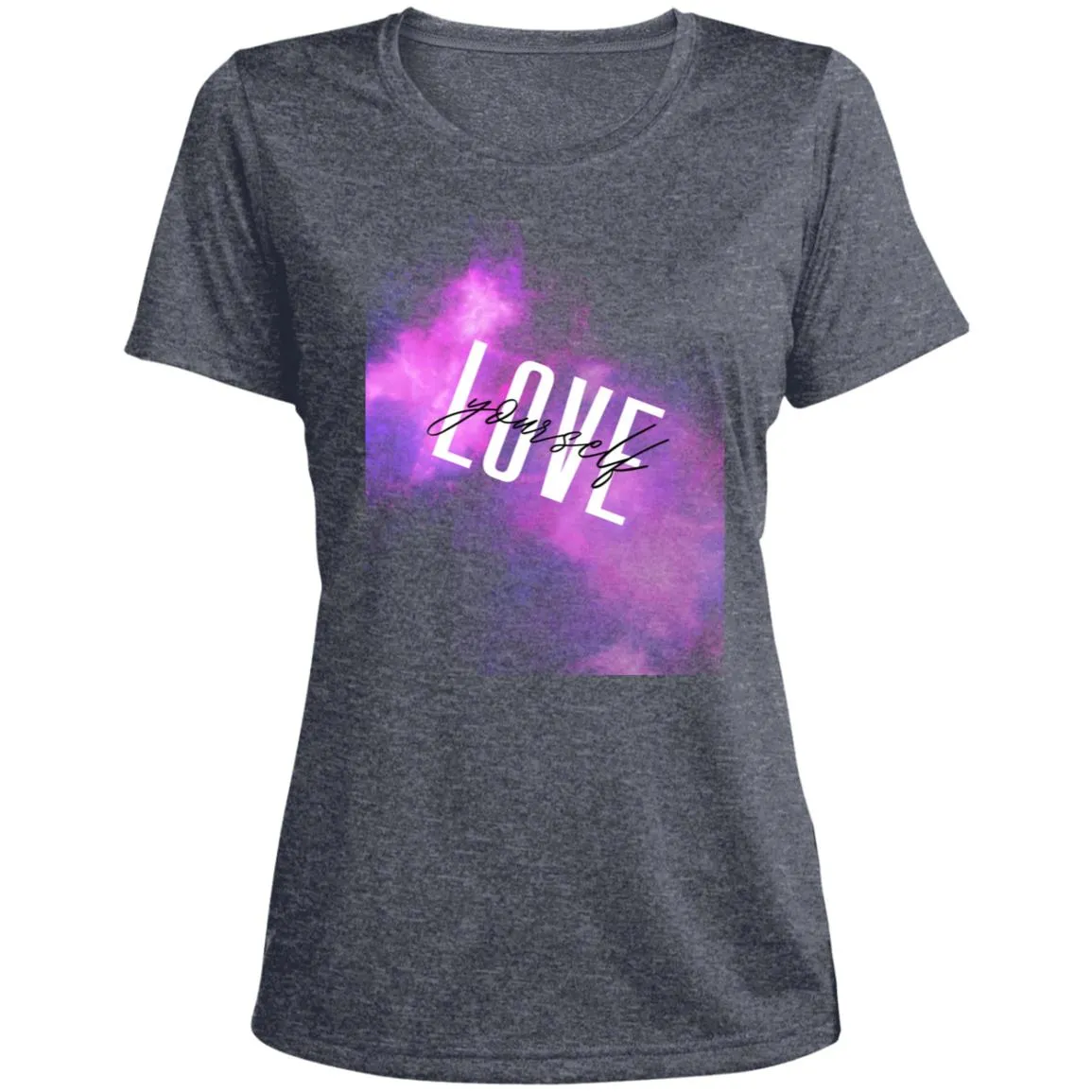 White Love yourself LST360 Ladies' Heather Scoop Neck Performance Tee