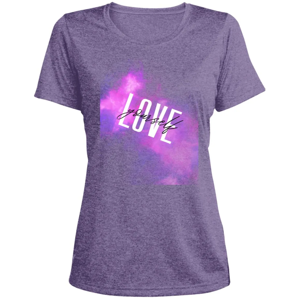 White Love yourself LST360 Ladies' Heather Scoop Neck Performance Tee