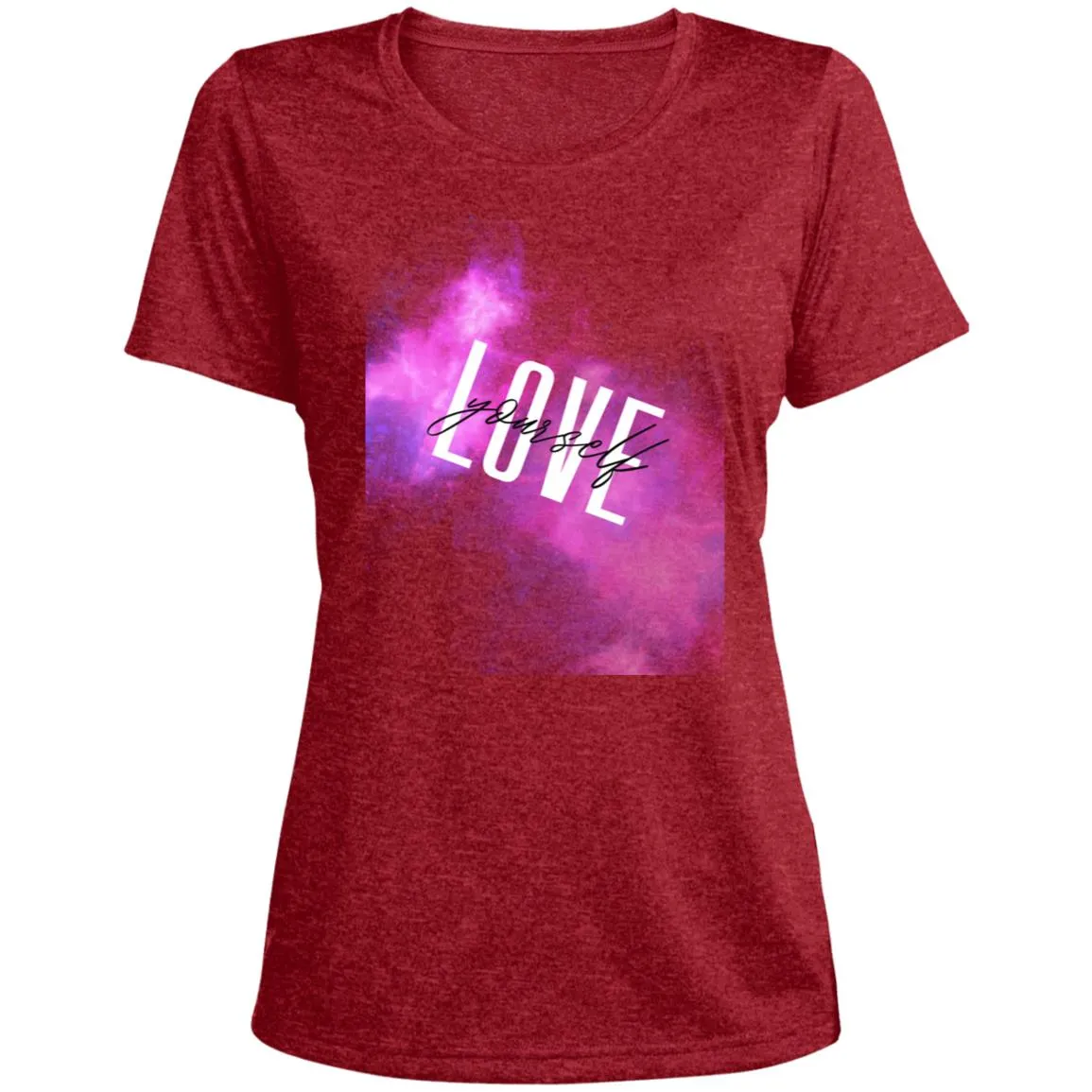 White Love yourself LST360 Ladies' Heather Scoop Neck Performance Tee