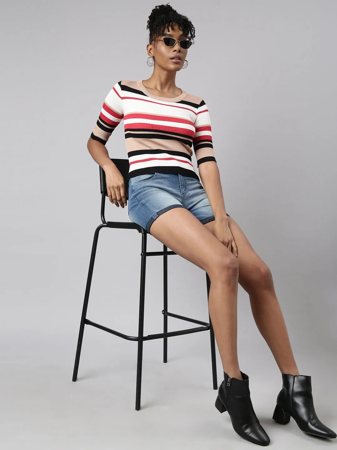 Women Beige Horizontal Stripes Fitted Top