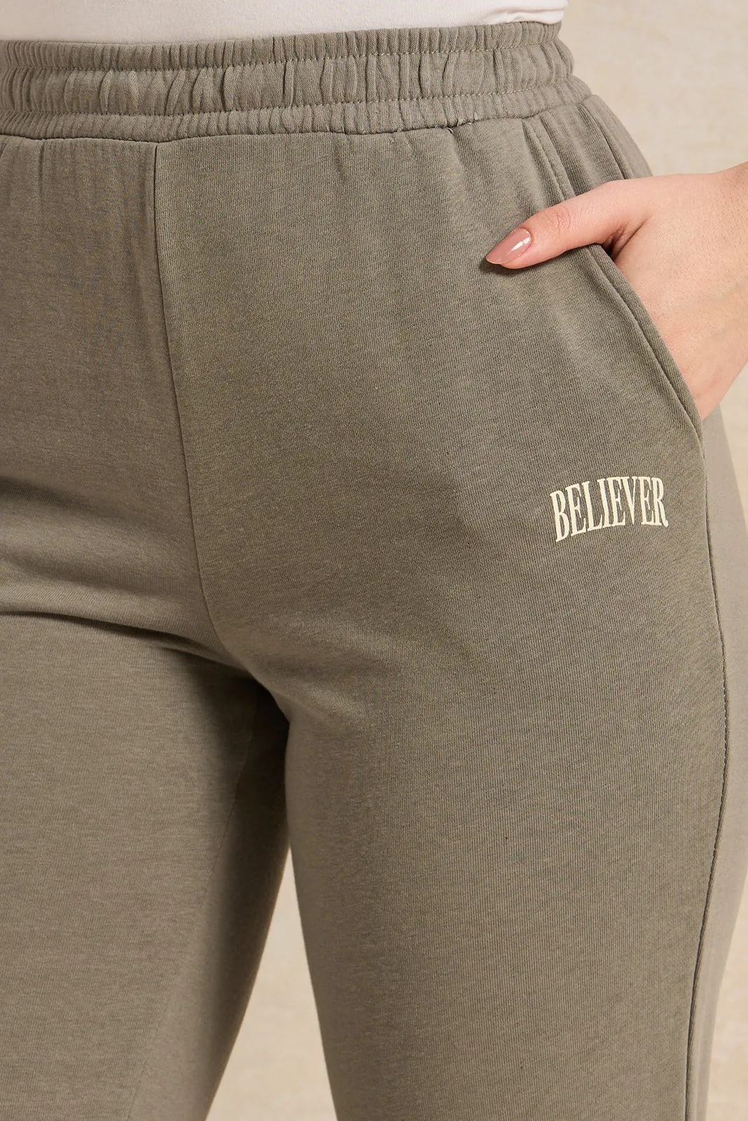 Women Green Ribbed Jogger Pants