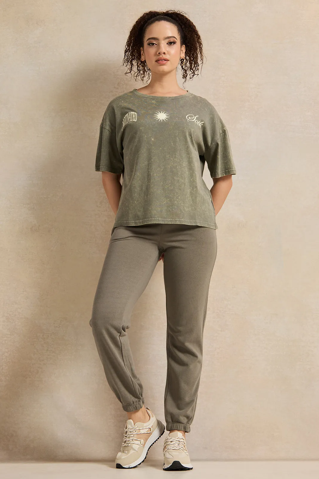 Women Green Ribbed Jogger Pants