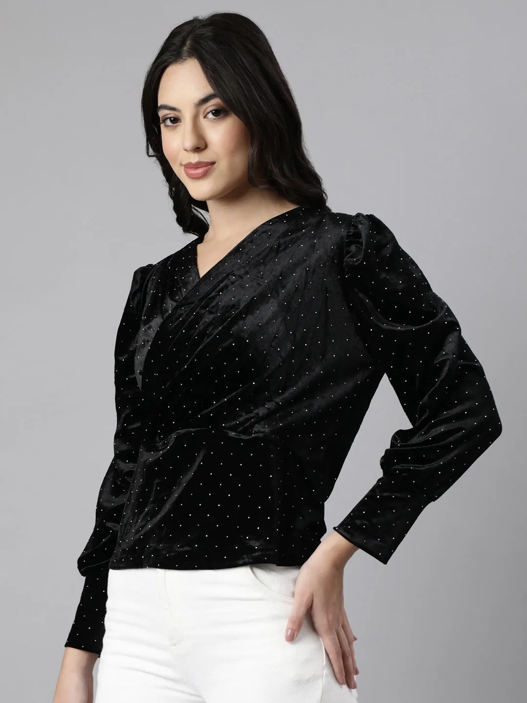 Women Solid Black Empire Top