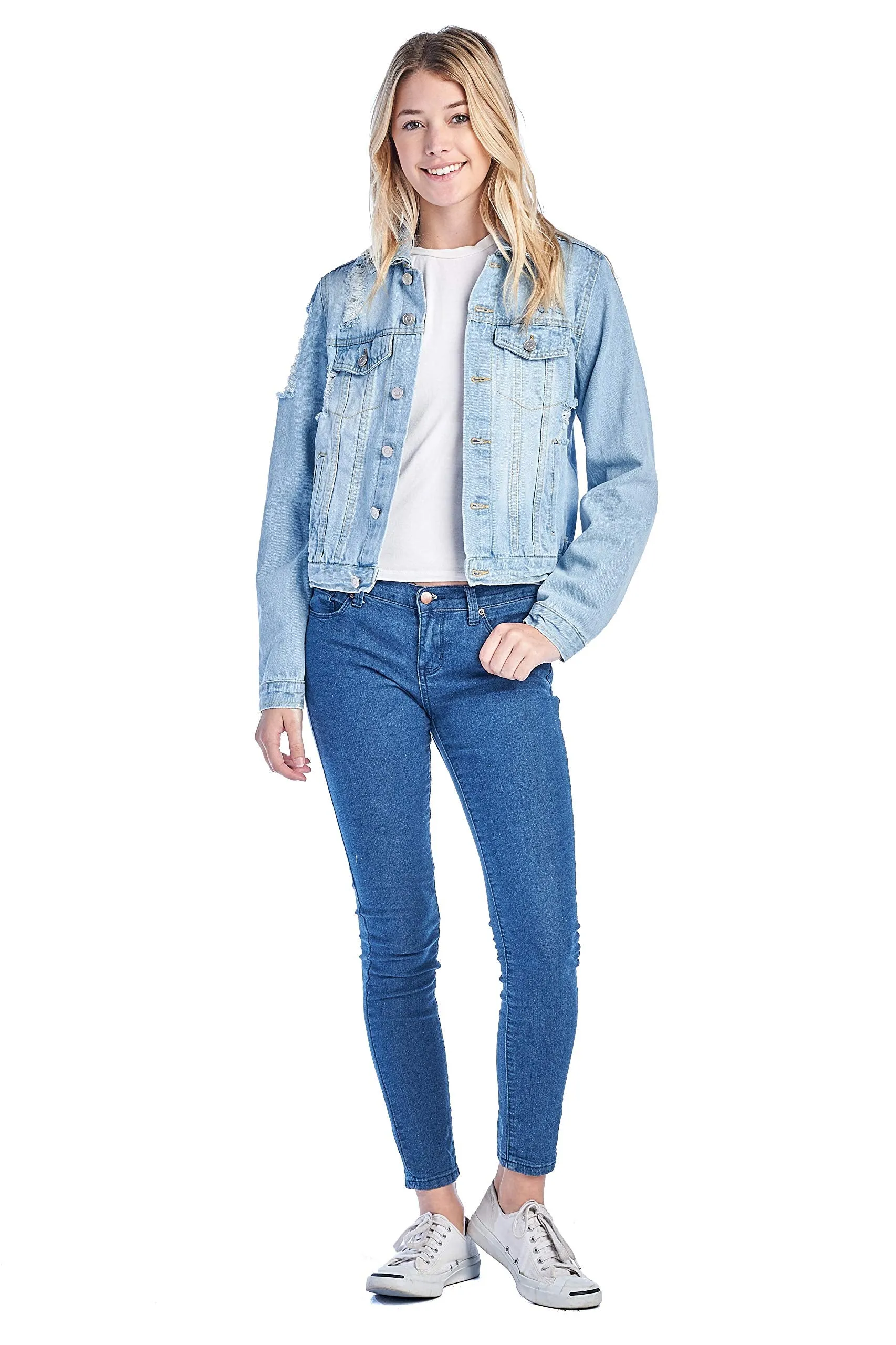 Women's Long Sleeve Basic Casual Classic Cotton Button Front Distress Ripped Denim Jean Jacket