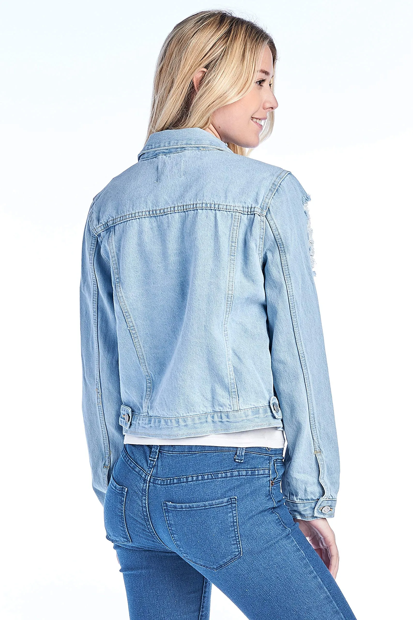 Women's Long Sleeve Basic Casual Classic Cotton Button Front Distress Ripped Denim Jean Jacket