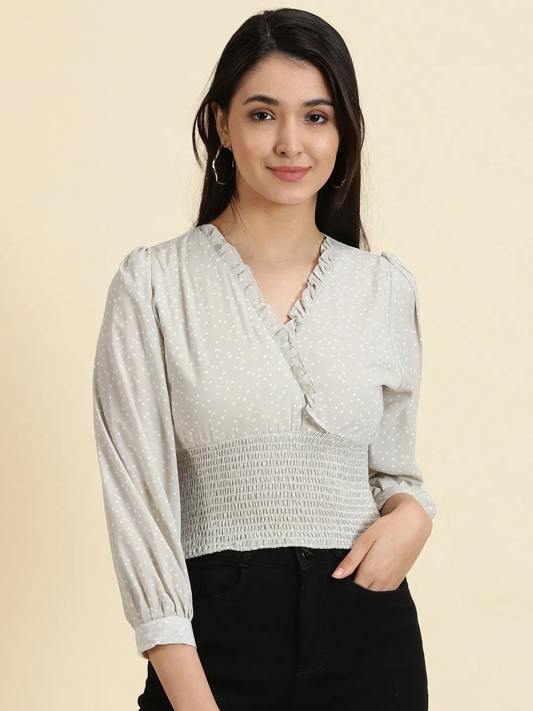 Women's Sea Green Printed Cinched Waist Crop Top