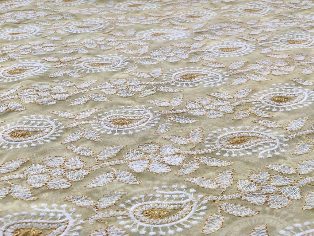 Yellow White Golden Zari Chikankari Embroidered Georgette Fabric